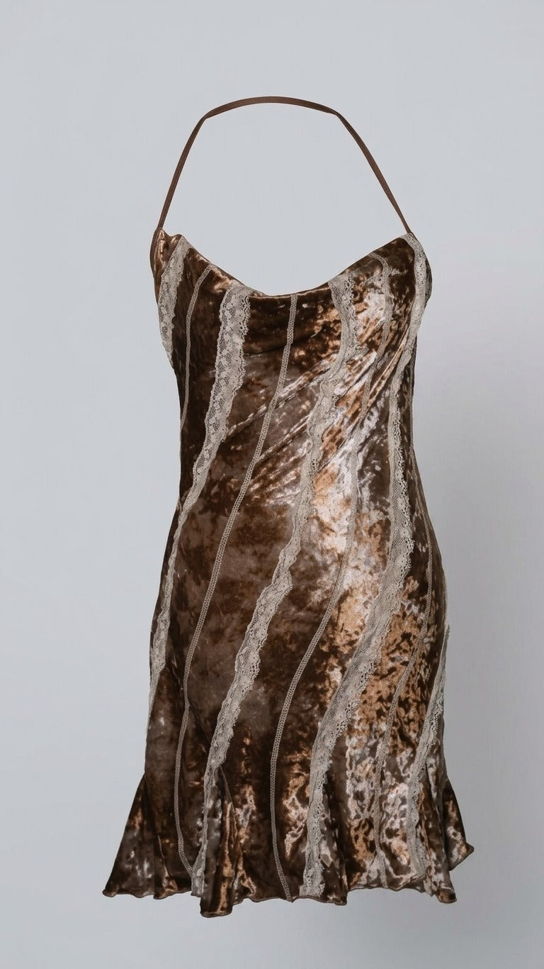 Brown Velvet Halter Mini Dress