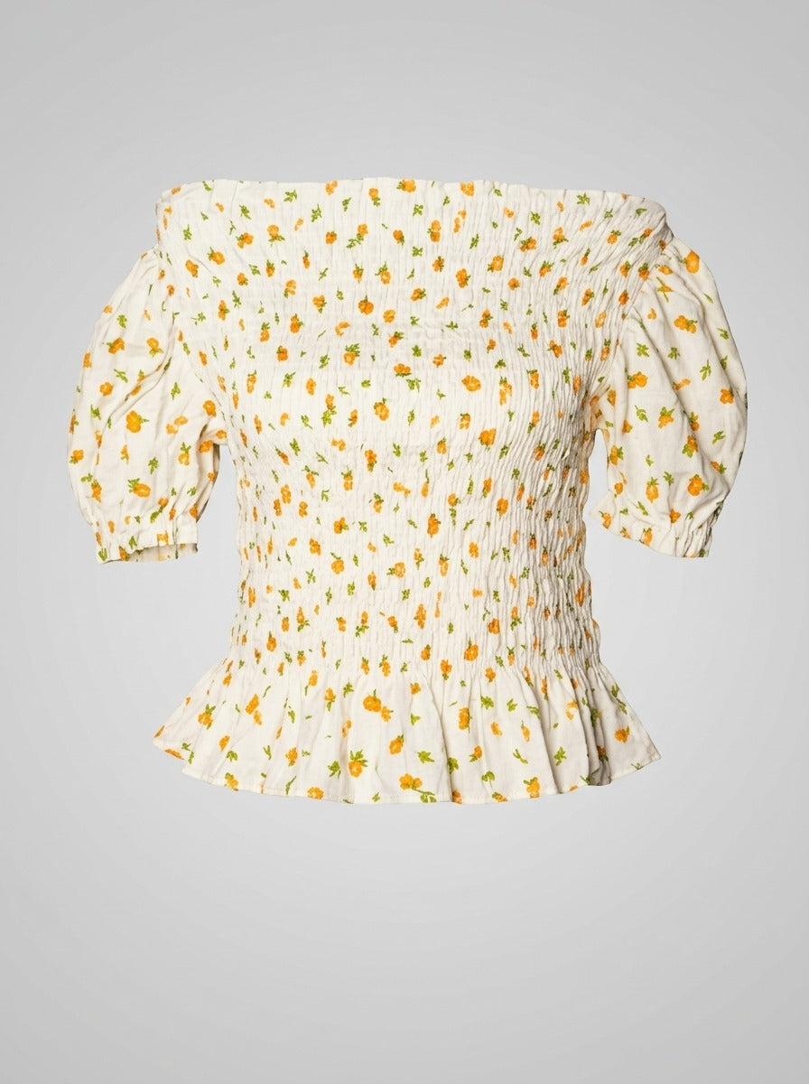 Yellow Floral Off-Shoulder Puff-Sleeve Blouse