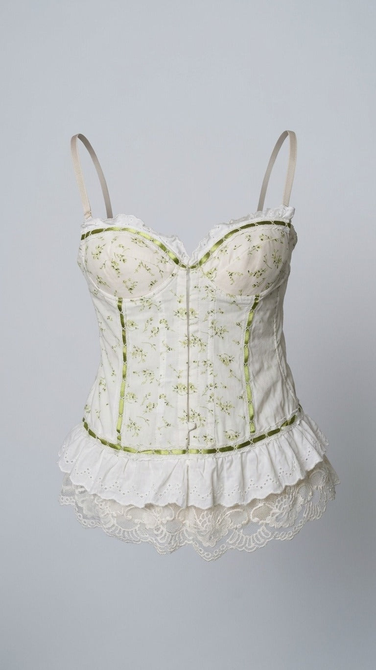 White Ruffle Corset Cami with Green Trim