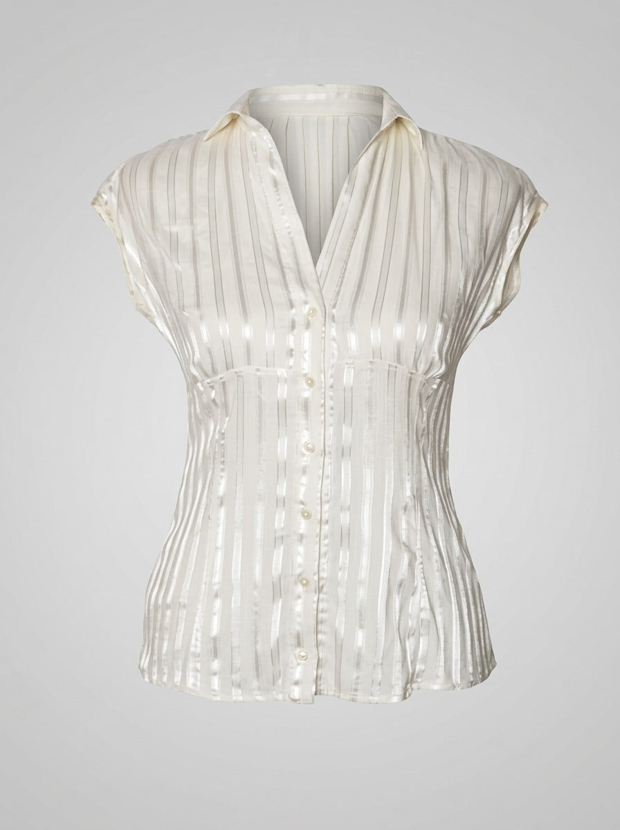 White Satin Stripe Collared Top