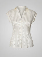 White Satin Stripe Collared Top