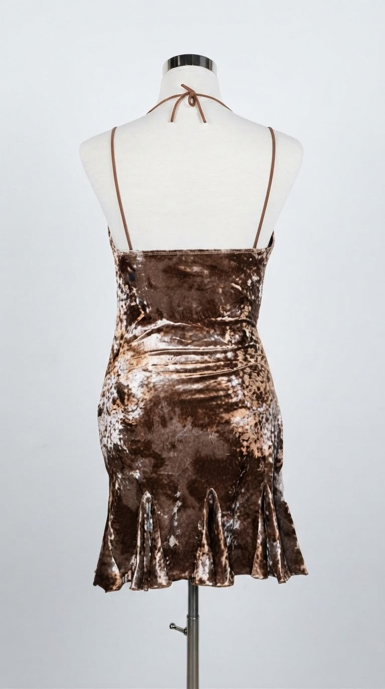 Brown Velvet Halter Mini Dress