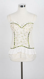 White Ruffle Corset Cami with Green Trim