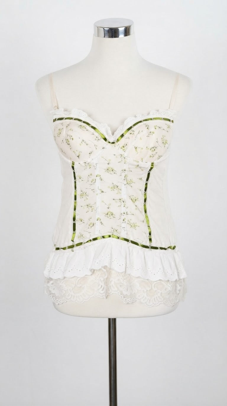 White Ruffle Corset Cami with Green Trim