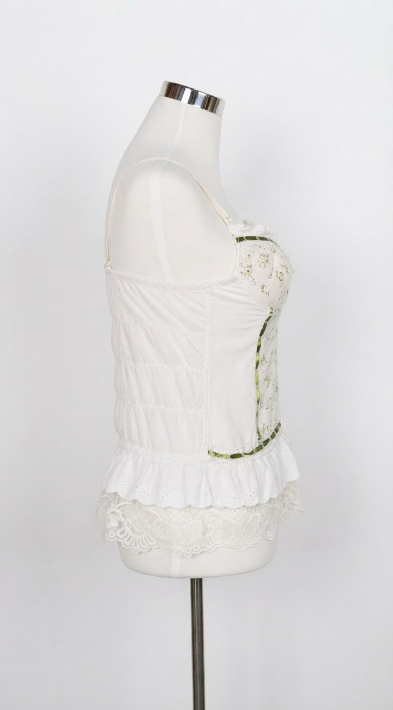 White Ruffle Corset Cami with Green Trim
