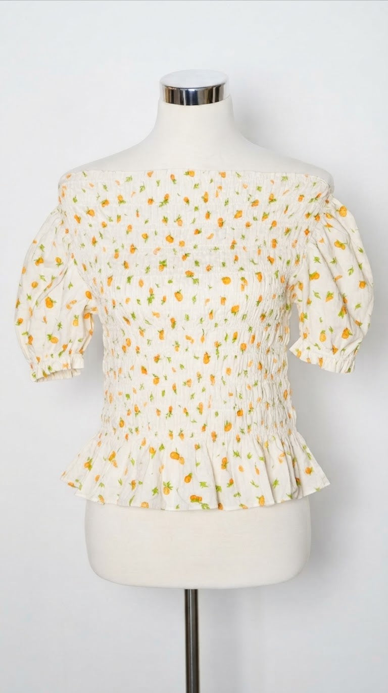 Yellow Floral Off-Shoulder Puff-Sleeve Blouse