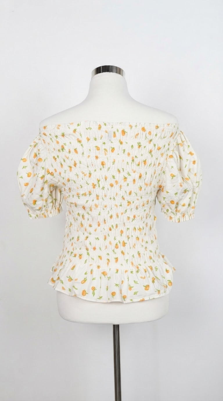 Yellow Floral Off-Shoulder Puff-Sleeve Blouse