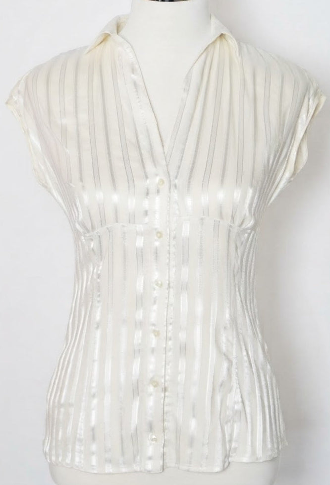 White Satin Stripe Collared Top