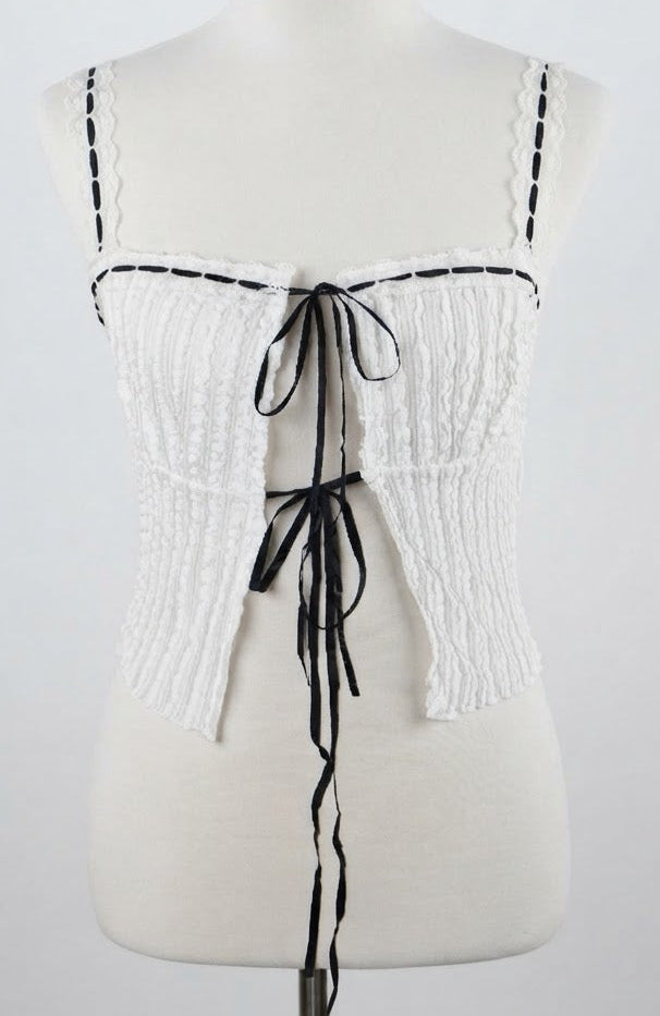 White Ruched Tie-Front Top with Black Ribbon