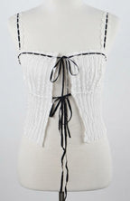 White Ruched Tie-Front Top with Black Ribbon