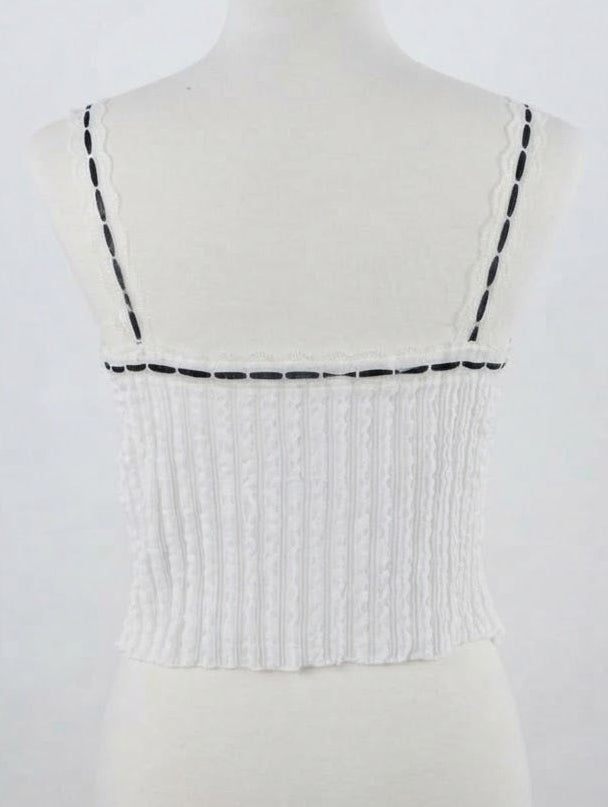 White Ruched Tie-Front Top with Black Ribbon