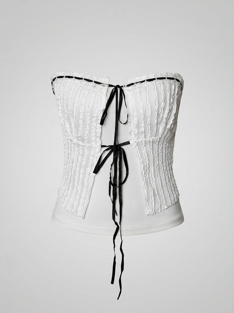 White Ruched Tie-Front Top with Black Ribbon
