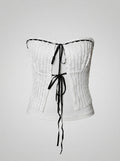 White Ruched Tie-Front Top with Black Ribbon