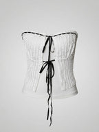 White Ruched Tie-Front Top with Black Ribbon